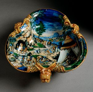 Keramisk kopp i form av en trefle dekorert av representasjonen av Hannibal under kryssingen av Alpene produsert i Urbino i verkstedet Fontana, Italia. 1550 rundt Firenze, Museo Nazionale del Bargello av Italian School