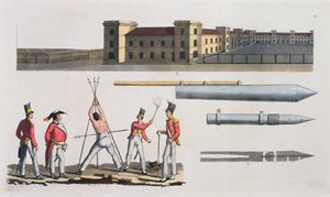 Chatham Barracks, en militær straff kalt Triangle and Congreve Rockets, plate 17 fra The History of the Nations (akvatint) av Italian School