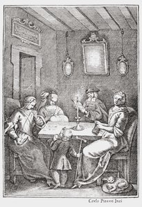 Chiaqlira leser historier til et syselskap, forsiden av The Pentamerone of Giambattista Basile, 1742 av Italian School