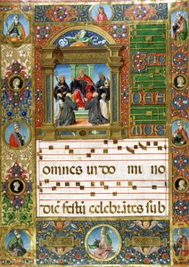 Korminiatyr med St. Benedikt som forkynner for munker (pigment på vellum) av Italian School