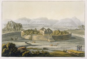 Sirkulær festning i Cannar, Peru, fra Le Costume Ancien et Moderne, bind II, plate 1, av Jules Ferrario, utgitt ca. 1820-30-tallet av Italian School