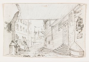 City Street i Genova, med fyret og havnen i bakgrunnen, tidlig på 1800-tallet (penn og brunt blekk over svart kritt) av Italian School
