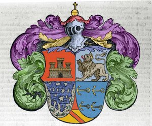 Våpenskjold til navigatøren Christopher Columbus (1451-1506): de fire delene av ecuen representerer øverst byen Castilla og León, under de avdekkede øyene og symbolankrene til admirauten. Gravering fra boken "" Navigationi og Viaggi"" av Italian School