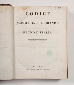 Kode for Napoleon den store for kongeriket Italia, åpen på tittelsiden, utgitt Milan, dalla reale Stamperia, 1806 (trykt papir) av Italian School
