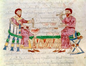 Codex 132 Livre 22 Kap.1 Måltidet, fra De Universo av Rabanus Maurus (ca. 780-856) 1023 av Italian School