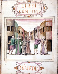 Komedie av Li sei contenti etter manuskriptbindet "Scenarier av de mest utvalgte historier" "(1621 - 1643). Roma, Accademia dei Lincei. av Italian School