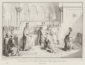 Konvertering av Mislo eller Miroslavo sjef for slavisk-kroatene, 829 (gravering) av Italian School