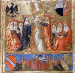 Kroningen av Pius II (Enea Silvio Piccolomini) (1405 til 1464). Italiensk pave (1458 - 1464). I underetasjen ligger den befestede byen Siena. Bicherna (omslaget til regnskapsregisteret til byen Siena) fra 1460. Nasjonalarkivet - Museo delle Tavolette de B av Italian School