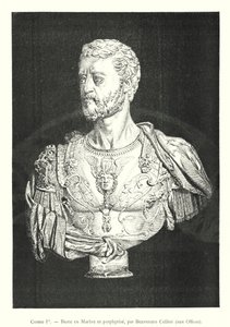 Cosimo I, Byste i marmor og porfyr, av Benvenuto Cellini, ved Uffizi (gravering) av Italian School