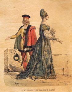 Kostymedesign for en dogeeier og en dame, fra 'Othello' av Gioachino Rossini (håndfarget litho) av Italian School