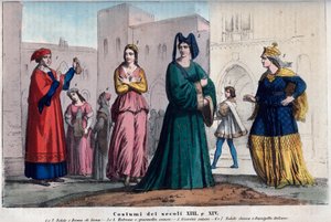 Kostymer i Siena mellom XIII og XIV århundre - klær i Siena mellom XIII og XIV århundre - gravering fra "" Usi e Costumes of All Peoples of the Universe. Det er historien om regjeringen, lovene, militsen, om religionen til alle n av Italian School