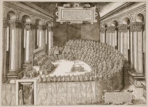 Council of Trent, 1563, fra en etsning publisert i Venezia i 1565, illustrasjon fra The Church of England: A History for the People av H.D.M. Spence-Jones, pub. ca. 1910 (sepia-bilde) av Italian School