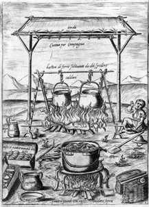 Landskjøkken: gryter og gryter settes på brann. Gravering fra "Opera", bok om gastronomi delt i 6 deler, av Bartolomeo Scappi, personlig kokk til pave Pius V. Venezia av Italian School
