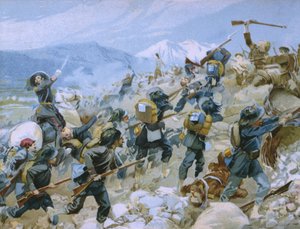 Krimkrigen og slaget ved Chernaya, 16. august 1855, illustrasjon fra et album om Risorgimentos historie laget for sjokoladen Talmone, sent på 1800-tallet