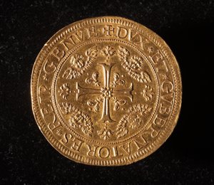Republikken Genes valuta: 25 doble gullmynter. Diam.52,5 mm. 1694. Foran. Genes Museums of Strada Nuova (inv. 6457) av Italian School
