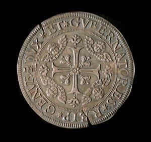 Valuta for republikken gener: ECU bred i sølv. Diam. 61 mm. 1693. foran. Genes Musei di Strada Nuova (inv, M7135) av Italian School
