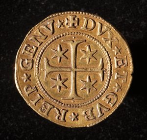 Valutaen til republikken gener: fem gull dobbel mynt. Diameter 41 mm. 1642. Foran. Genmuseer i Strada Nuova av Italian School