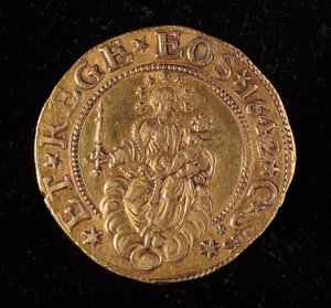 Valutaen til republikken gener: fem gull dobbel mynt. Diameter 41 mm. 1642. tilbake. Genmuseer i Strada Nuova av Italian School