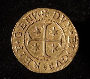 Valutaen til republikken gener: fem gull dobbel mynt. Diameter 41 mm. 1652. Foran. Genmuseer i Strada Nuova av Italian School