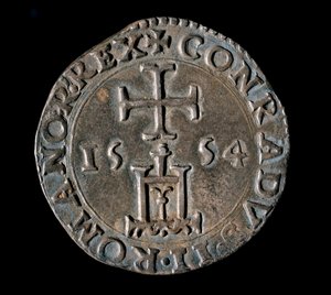 Valutaen til republikken gener: sølvteston (eller testone) av velsignelsen. Front som representerer Genova-portalen under et kors. 1554 Genes, Musei di Strada Nuova av Italian School