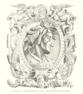 Dante Alighieri, faksimile av portrettet av Giunti, fra British Museum Proof (gravering) av Italian School