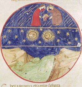Dante og Beatrice vurderer tegnet Tvillingene, planetene og jorden, fra Divina Commedia av Dante Alighieri (1265-1321) av Italian School