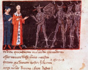 Dante og Virgil snakker med Malacoda, leder for Malebranche-skvadronene (sang 21 fra Hell, in the Divine Comedy) - miniatyr av Italian School