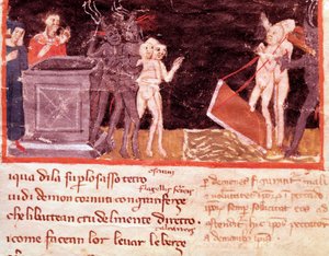 Dante og Virgil omgitt av hallikene og forførerne (sang 18 fra Hell, in the Divine Comedy) - Miniatyr av Italian School