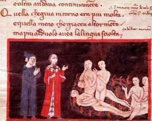 Dante et Virgil omgitt av voldsmennene (sang 14 fra helvete, i den guddommelige komedie) - miniatyr 1300-tallet av Italian School