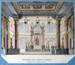 Dekor til operaen La Semiramide av Christoph Gluck (1714-1787) (Scenedesign for operaen La Semiramide av Ch. Gluck). Litografi i farger, anonym, ca 1790. Italiensk kunst, teaterdekor. Statens museum for teater og musikkkunst, St. Petersburg. av Italian School