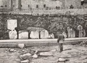 Dekorativ halvsykkel i Forum Romanum, Roma, Italia, gravering fra tegning av Dante Paolocci, fra L