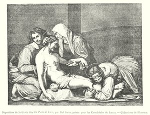 Deponering av korset kjent som La Pieta di Luco, av Del Sarte, malt for Camaldolese of Lucco, Collections of Florence (gravering) av Italian School