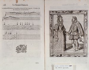 Beskrivelse av ballett for to Dobbeltside av Le Gratie dAmore (Le Grazie dAmore) av den italienske danseren Cesare Negri kalt Il Trombone (1536-1604), traktat om dans av Italian School