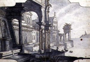 Design for et scenesett, ca. 1750 (penn og blekk og akvarell på papir) av Italian School