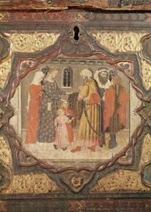 Detalj av en cassone som viser historien om Saladin og Torello av Istria, av Giovanni Boccaccio (tempera på panel) (se også 444280-81) av Italian School