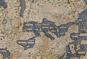 Detalj av Middelhavet, fra Add. 11267 'Stor planisfære, eller verdenskart' av 1459, av Mauro Frau av Italian School