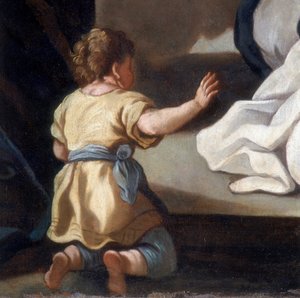 Detalj av maleriet som viser rosenkransens Madonna med de hellige Dominik og Katarina av Siena av Italian School
