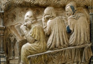 Detalj som representerer studenter som følger kurset til Bonifacio Galluzzi (Grave slab, ca. 1346) av Italian School