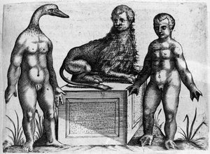 Ulike typer menneskelige monstre: en mann med hodet til en and, en mann med kroppen til en løve og en annen med håndflate. Gravering fra "De monstrorum natura, causis et differentiis" av Fortunio Liceti (1577-1656), italiensk vitenskapsmann. 1646 av Italian School