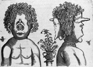 Ulike typer menneskelige monstre: ansiktet og ansiktet til monsterhodet. Gravering fra "Monstrenes natur, årsaker og forskjeller" av Fortunio Liceti (1577-1656), italiensk vitenskapsmann. 1646 av Italian School