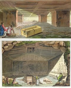 Oppdagelse av etruskiske graver, ca. 1820 (fargegravering) av Italian School