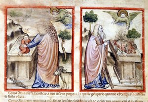 Episode av Isaacs offer av Abraham. Miniatyr fra Codex 212 (eller Paduan Codex eller Bible of Padua) 1390-1400 Rovigo, Accademia dei Concordi av Italian School