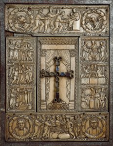 Evangelisk omslag kjent som "Dittico delle cinque parti" (Dyptic of the Five Parts) i elfenben dekorerer episoder av guddommen jus. 5. århundre. Milano, Tesoro del Duomo av Italian School