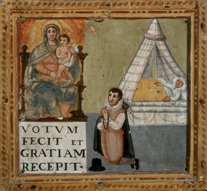 Ex-voto som viser en mann som takker jomfruen på knærne for å ha blitt helbredet fra en sykdom, 1604 av Italian School
