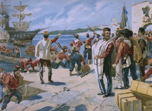 Expedition of the Thousand under ledelse av Giuseppe Garibaldi, landing i Marsala, Sicilia, 1860, illustrasjon fra et album om Risorgimentos historie laget for sjokoladen Talmone, sent av Italian School