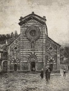 Fasade av Bellano-katedralen, Comosjøen, Italia, gravering fra tegning av Quinto Michetti, fra L'Illustration Italiana, nr. 41, oktober av Italian School