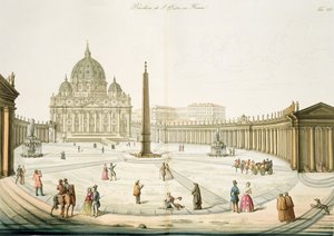 Fasade til St. Peter i Roma med Piazza foran, plate 25 fra del III av The History of the Nations, gravert av G. Lago av Italian School
