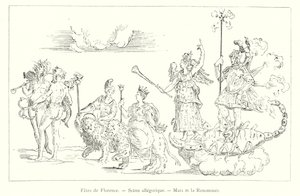 Fester i Firenze, allegorisk scene, Mars og berømmelse (gravering) av Italian School