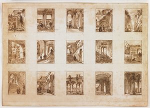 Femten miniatyrarkitektoniske og italienske utsikter (penn og brunt blekk med vask over grafitt på papir) av Italian School