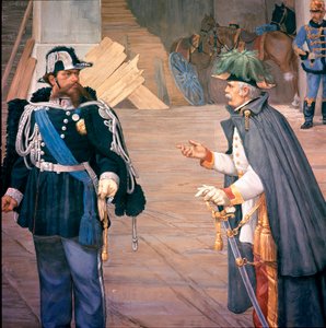 Første italienske uavhengighetskrig: "" slaget ved Novara (Novara) den 13.09.1849"" Også kalt slaget ved Bicoque. Vittorio Emanuele (Victor Emmanuel) (Victor-Emmanuel) II (1820-1870) og Joseph Radetzky (1766-1858) etter slaget. Detalj av en freske av Italian School